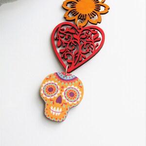 Orange Skull Ornament, Sugar Skull Ornament, Wooden Ornament, Red and Orange Skull Ornament, Day of the Dead, Home Decoration
