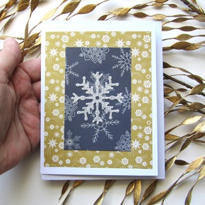 Grußkarte, Weihnachtskarte, leere Karte, handgemacht, glänzende silberne Schneeflocke, golden und blau, Geschenk geben