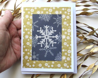 Holiday Greeting Card, Christmas Card, Blank Card, Handmade, Shiny Silver Snowflake, Golden and Blue, Gift Giving