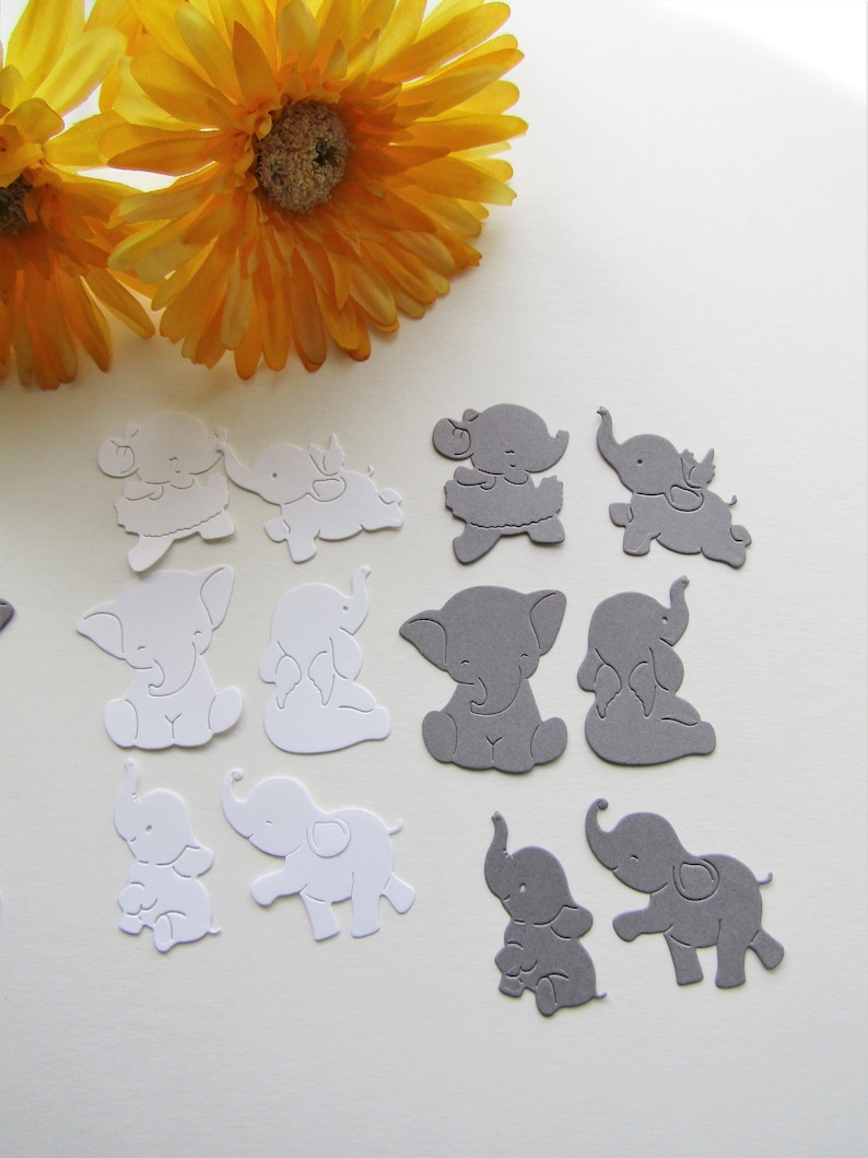 Small Elephant Paper Die Cuts, White and Gray, Playing Elephants, Paper