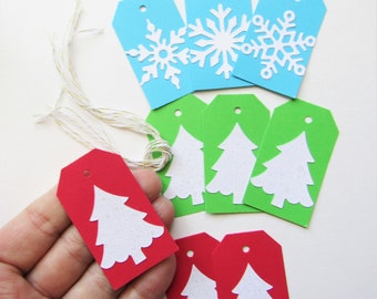 9 Holiday Gift Tags, Christmas Rectangle Tags, Bright Colors, Snowflakes, White Trees, Handmade, Gifting, Party Supplies