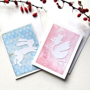 2 kleine Geschenkkarten, kleine handgemachte Karten, neues Baby, neue Geburten, blau und rosa, Kaninchen und Storch, leere Karten, Schenken, Geschenkbedarf