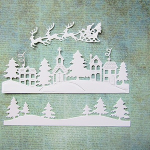 Paisagens de inverno em papel cortado, casas brancas, trenó do Papai Noel branco, árvores brancas, artesanato, fabricação de cartões, scrapbooking