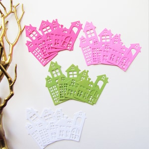 Wykrojniki Domowe, Wielokolorowe Domy, Domy Papierowe, Budynki Mieszkaniowe z Papieru, Apartamenty, Różowe i Zielone, Tworzenie Kartek, Scrapbooking