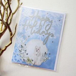 Carte de voeux de Noël, Carte de joyeuses fêtes, Renard blanc, Carte vierge, Flocons de neige, Bleu et blanc, Cadeau, Cadeau