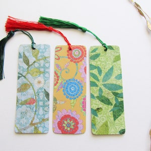 Paper Bookmarks, Modern Floral, Green Blue and Orange, Handmade, Double Sided, You Get 3 Bookmarks, With Tassels