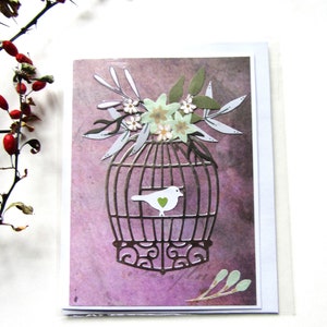 Carte de voeux cage à oiseaux, Carte artisanale, Carte vierge, Fleurs, Oiseau, Carte faite main, Amitié, Anniversaire, Amour
