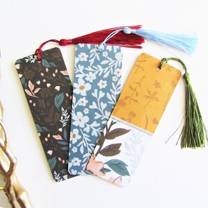 Paper Bookmarks, Flowers and Leaves Theme in Dark Blue and Golden, Double Sided, You Get 3 Bookmarks, Handmade, With Tassels