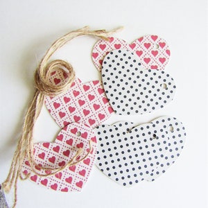6 Heart Gift Tags, Heart Shaped Tags, Gifting, Love, Polk A Dots, Black, Red and White, Handmade Tags, Party Supplies, All Occasion Tags