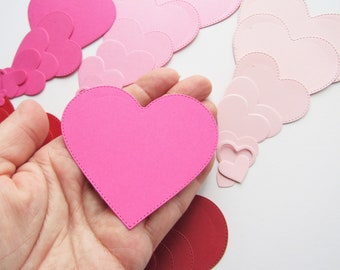 Handmade Paper Heart Die Cuts, Pink to Red Shades, 54 Pieces
