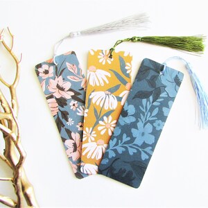 Paper Bookmarks, Flowers and Leaves, Dark Blue and Golden, Bookmark Set, Handmade, With Tassels, Double Sided, Gift for Her