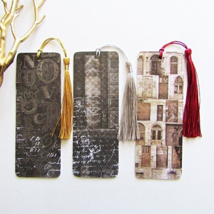 Paper Bookmarks, Designs in Shades of Brown and Tan, Houses and Letters, Double Sided, You Get 3 Bookmarks, Handmade, Tassels