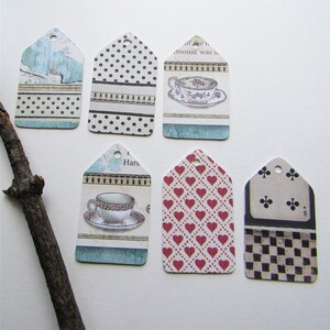 6 étiquettes rectangulaires, imprimés variés, étiquettes de style vintage, étiquettes de style rustique, fait main, thème Alice, étiquettes toutes occasions, cadeaux