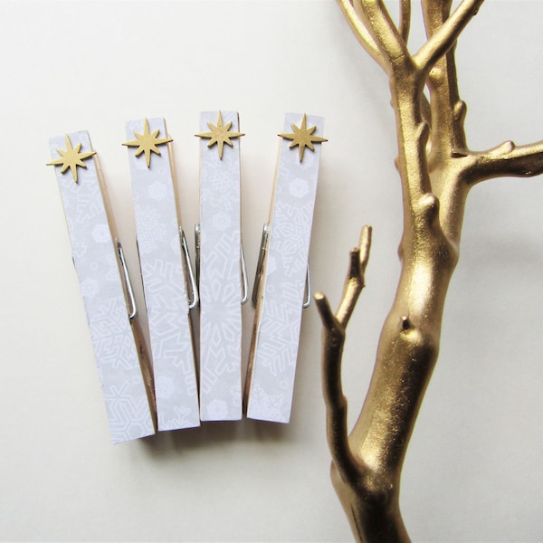 Christmas Clothespins, Handmade, White on Grey Snowflakes, Holiday Pins, Decorated Wood Clothespins, Holiday Decor, Brass Stars