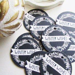 10 Holiday Gift Tags, Christmas Theme Round Tags, Blue and White, Winter Wishes, Handmade, Gifting, Party Supplies, Gift Supplies