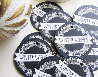 10 Holiday Gift Tags, Christmas Theme Round Tags, Blue and White, Winter Wishes, Handmade, Gifting, Party Supplies, Gift Supplies