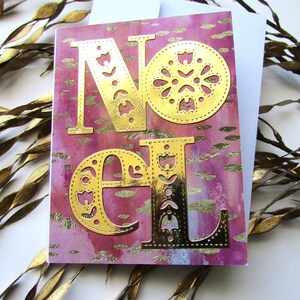Holiday Greeting Card, Blank Card, Handmade, Noel Greeting, Shiny Gold Noel, Gold and Pink, Christmas Card, Gift Giving