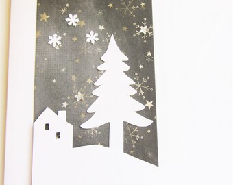 Christmas Greeting Card, White House and Tree Holiday Card, Blank Card, Handmade Card, Gift Giving