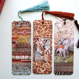 Paper Bookmarks, African Theme, Elephant, Giraffe, 6 Designs, Handmade, Double-Sided, with Tassels, Gift for Her, Gift for Him