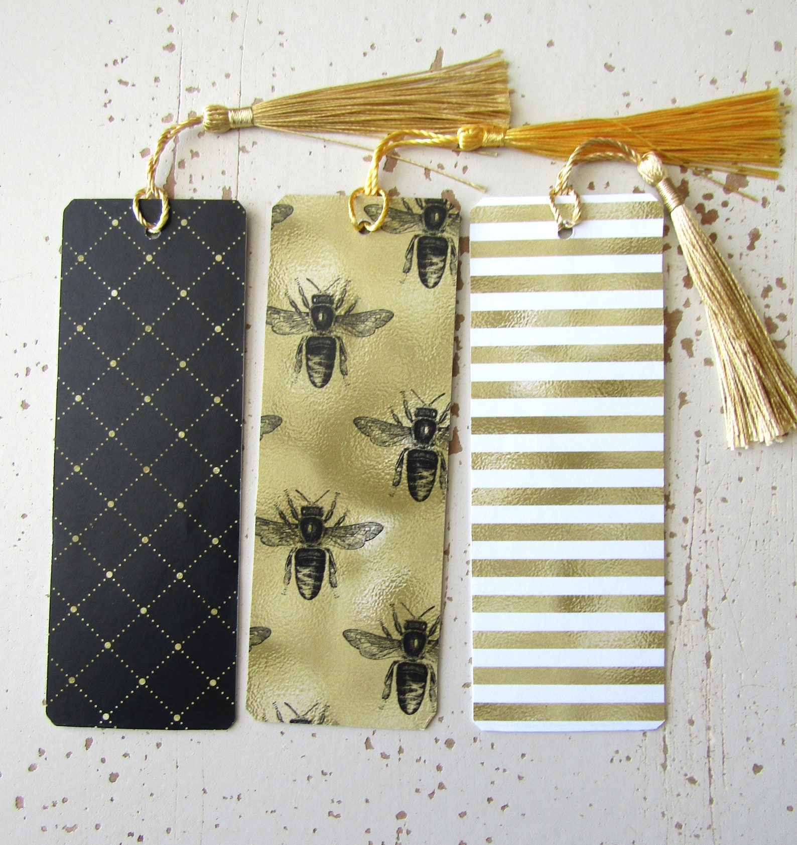 Handmade Paper Bookmarks, Golden, Black and White, Bees and Honeycomb ...
