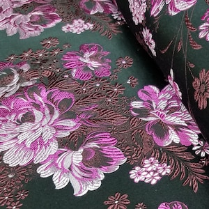 Fabric Silk Brocade Black and Color Purple/Silver Carnation  -by half yard-, Brocade Chinois, brocado Chino, Broccato Cinese
