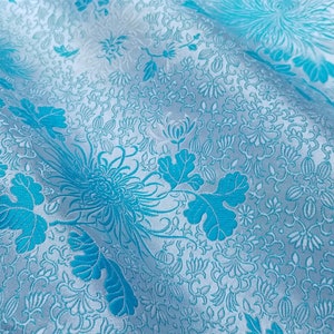 Fabric Silk Brocade Silver and Blue Chrysanthemum -by half yard-