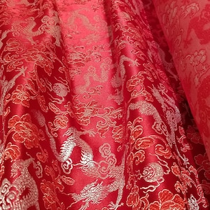Tessuto Broccato di Seta ROSSO e Drago d'Argento Chinesischer brokat -by half yard-, Brocade Chinois, brocado Chino, Broccato Cinese