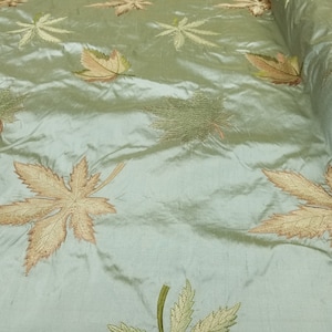 Fabric Silk Dupioni Embroidery Color Olive w/Multi-color floral leaf -by half yard-