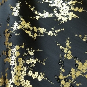 Fabric Silk Brocade Black and Floral Gold Plum -by half yard-