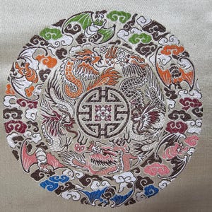 Fabric Silk Brocade Light gold and Colorful Dragon/Medallion w/Symbol Happiness - by half yard- Tissu chinoi vert