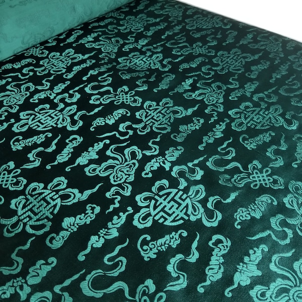 Tissu brocart de soie vert foncé et médaillon avec symbole - par demi-mètre- tissu chinoi vert