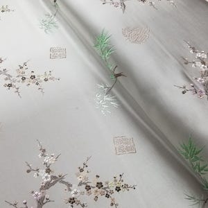 Silver Grey Silk Brocade Fabric: Bamboo & Plum Design (29" Width)
