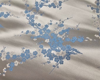 Fabric Silk Brocade Color Silver White and Pale Blue Plum Floral, tapestry, trimming, 29"width -by half yard- chinesischer brokat