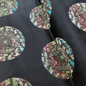 Fabric Silk Brocade BLACK and Colorful Dragon/Medallion w/Symbol Happiness - by half yard-, Brocade Chinois, brocado Chino, Broccato Cinese