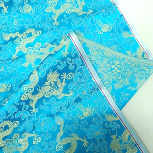Fabric Silk Brocade Color Light Blue and Gold Dragon Floral Remnants 2.5 yards