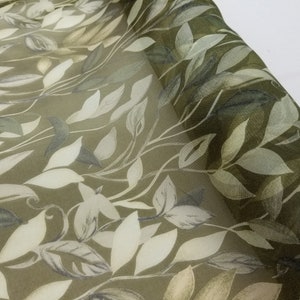 Fabric Silk Printed Organza Color Olive, Pickle and Pattern Green leaf -by half yard-