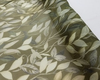 Fabric Silk Printed Organza Color Olive, Pickle and Pattern Green leaf -by half yard-