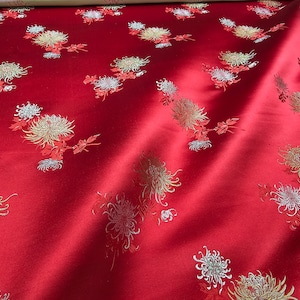 Red Silk Brocade Fabric: Chrysanthemum Pattern, Brocade Chinois (Half Yard)