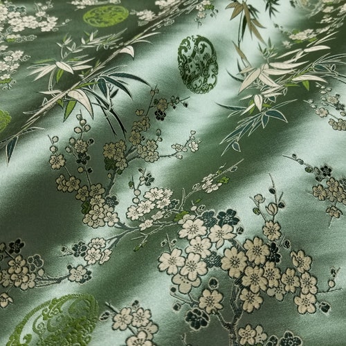 Fabric Silk Brocade Olive and Bamboo/Plum Floral -by half yard-