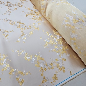 Tessuto di seta broccato bianco crema e bianco/oro prugna floreale -a mezzo metro-, broccato cinese, brocado chino, broccato cinese