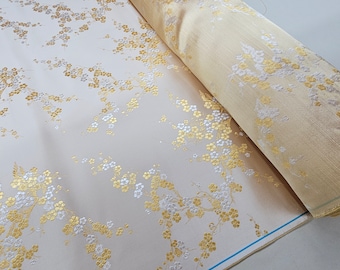 Fabric Silk Brocade Cream White and White/Gold Plum Floral -by half yard-, Brocade Chinois, brocado Chino, Broccato Cinese