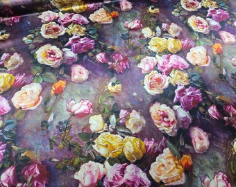 Floral Printed Silk Satin Fabric: Multi-Color Charmeuse -by half yard-