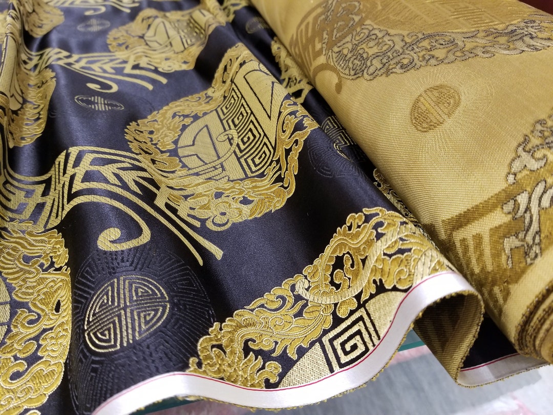 Black Silk Brocade Fabric: Gold Medallion Symbol, Chinois Brocade (half ...