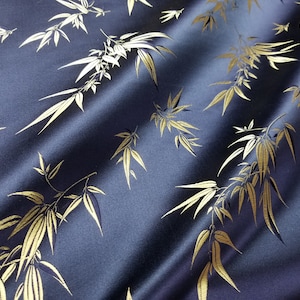Silk Brocade Fabric: Dark Blue with Gold Bamboo Floral (Half Yard)
