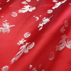 Fabric Silk Brocade Red and Silver Dragon Phoenix w/Symbol -by half yard-, Brocade Chinois, brocado Chino, Broccato Cinese