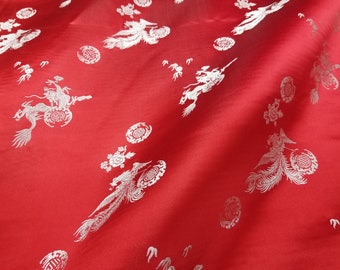 Fabric Silk Brocade Red and Silver Dragon Phoenix w/Symbol -by half yard-