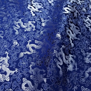 Fabric Silk Brocade Blue and Color Silver Dragon -by half yard- blauer chinesischer brokat