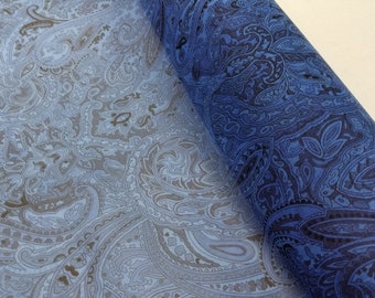 Fabric Silk Printed Organza Blue and Pattern Paisley Floral -by half yard-