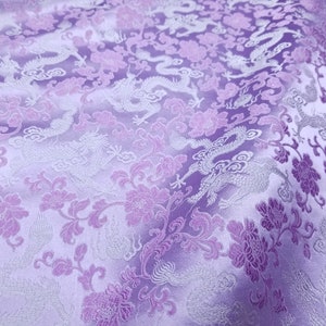Tessuto di seta broccato viola pallido e drago d'argento cinese brokat -by half yard-, Brocade Chinois, brocado Chino, Broccato Cinese