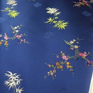 Fabric Silk Brocade Blue and Colourful Bamboo/Plum w/symbols -by half yard- blauer chinesischer brokat